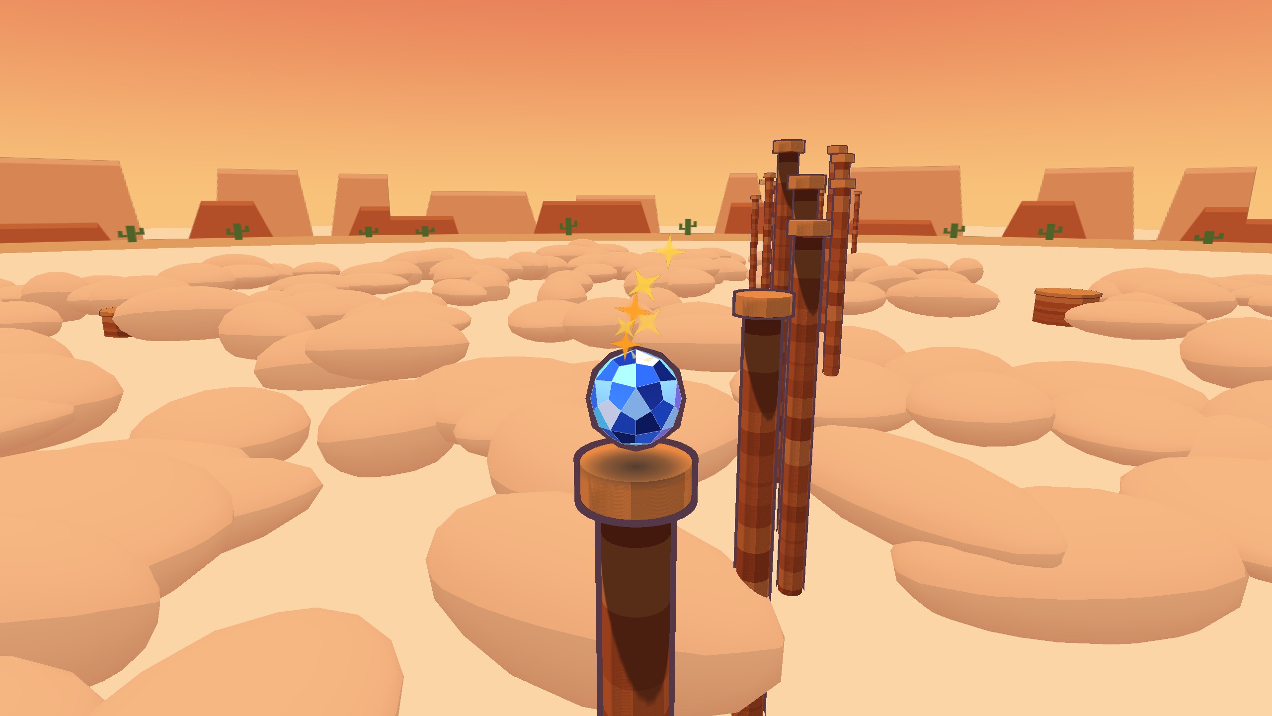 Rebond: the Diamond ball bouncing from pillar to pillar in the sunset canyon